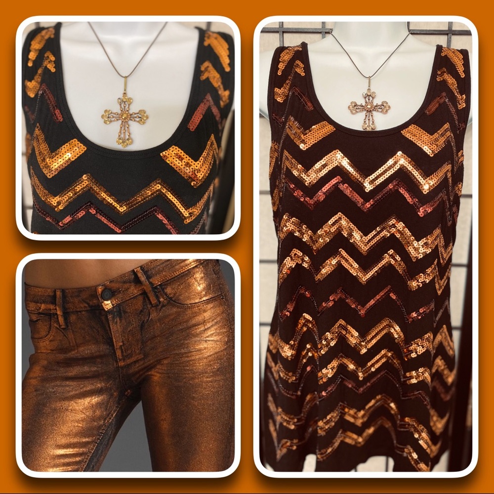 Like New Copper & Black Color Chevron Sequined Top